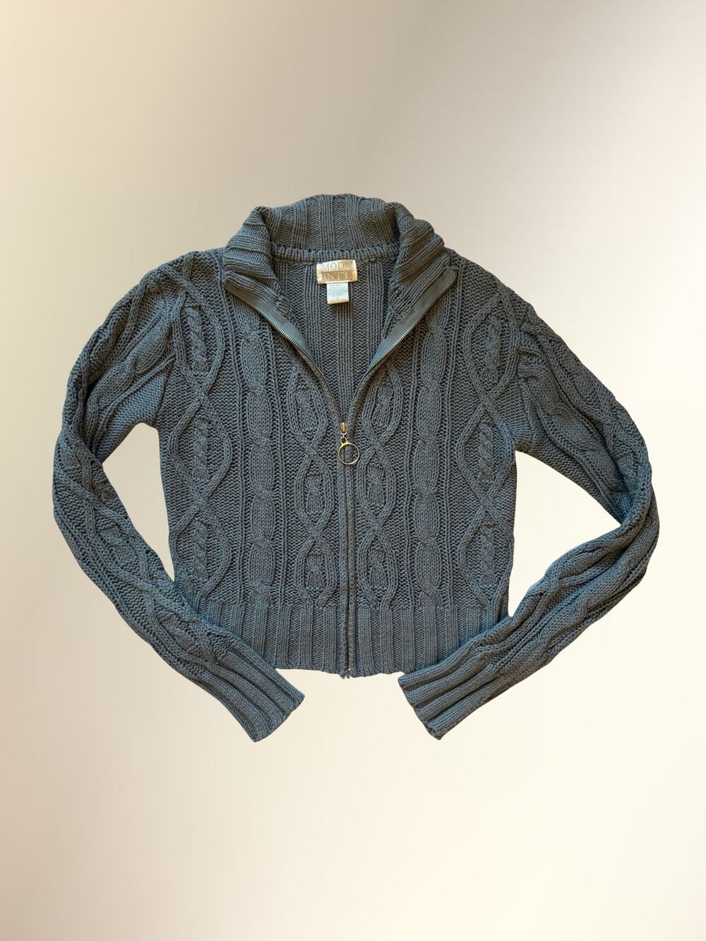 Vintage Moda International Blue Cable Knit Zip Cardigan Sweater Women's S